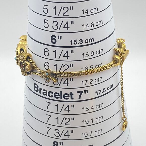 Vintage Unsigned Goldette Victorian Revival Charm Slide Bracelet Safety Chain - Picture 9 of 9